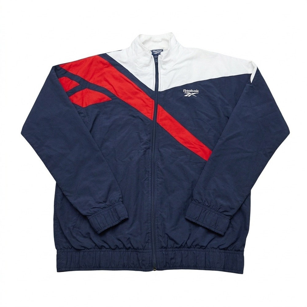 Reebok Men's M Windbreaker Jacket Navy Blue Red White Colorblock Full Zip Lined
